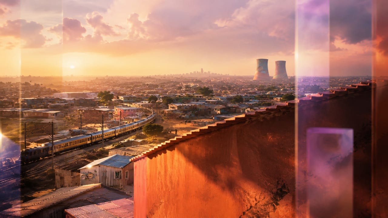 A glowing train moving between city and rural home settings with social media and streaming elements, representing the emotional journey and viral rise of “SASEZOLA.”