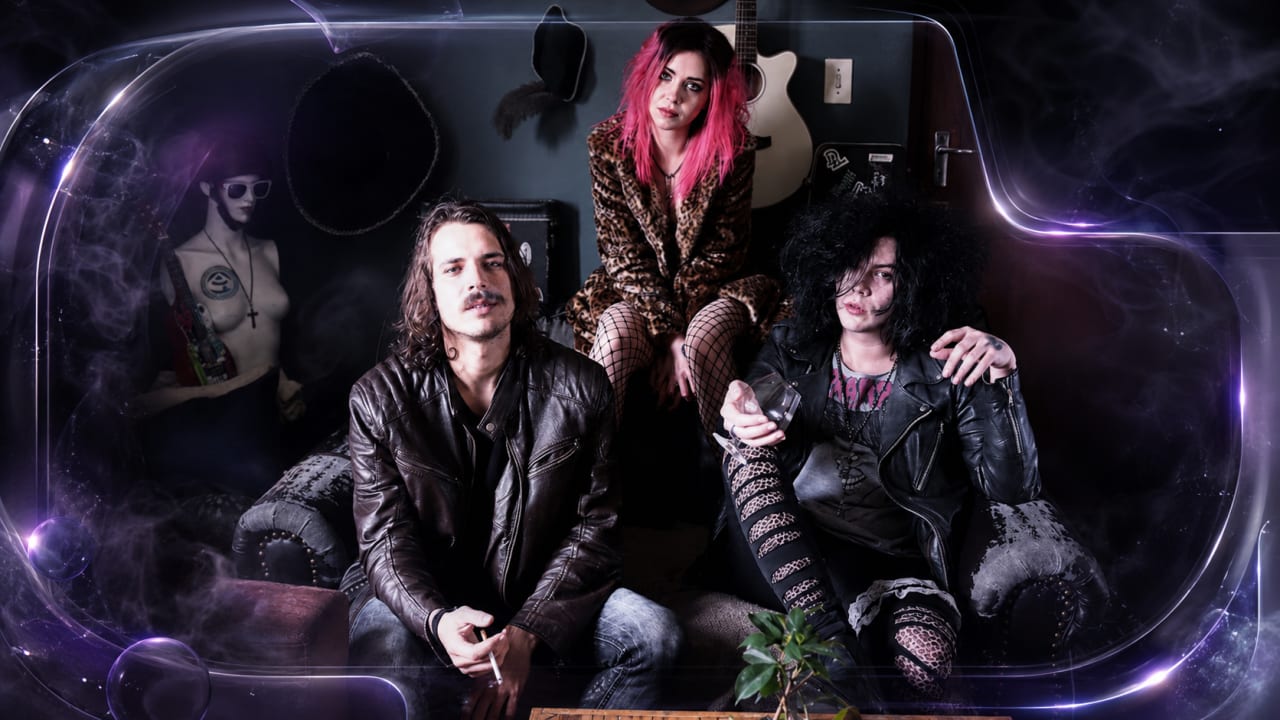 Editorial visual representing The Medicine Dolls’ This God-Awful Buzz documentary, featuring a dark rehearsal-room and studio-diary atmosphere, guitar feedback waveforms, DIY video texture, glam-punk styling and premium Viranova purple-glass design.
