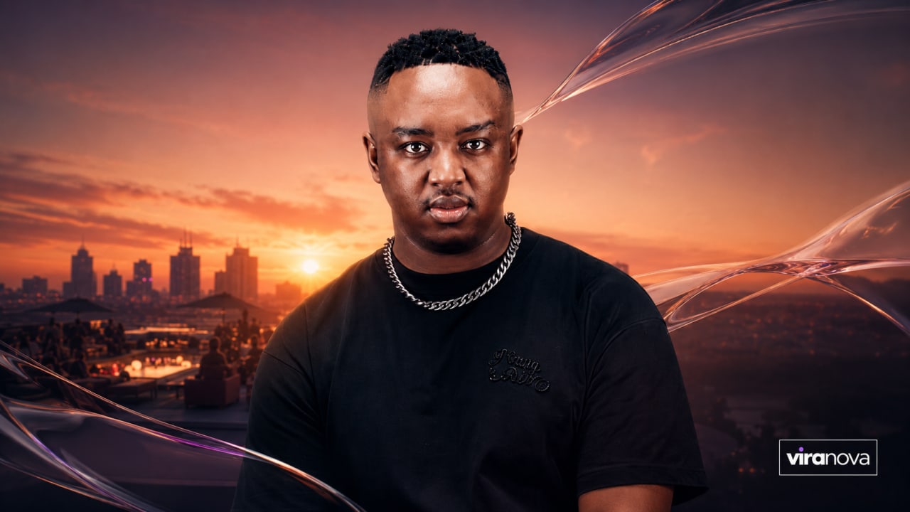 Editorial visual representing Shimza’s Sunset in Pretoria as a bridge between Pacha Ibiza and home, featuring a Pretoria sunset, Ibiza club-light energy, Afro House waveforms, KUNYE-inspired cues and premium Viranova purple-and-gold glass styling.