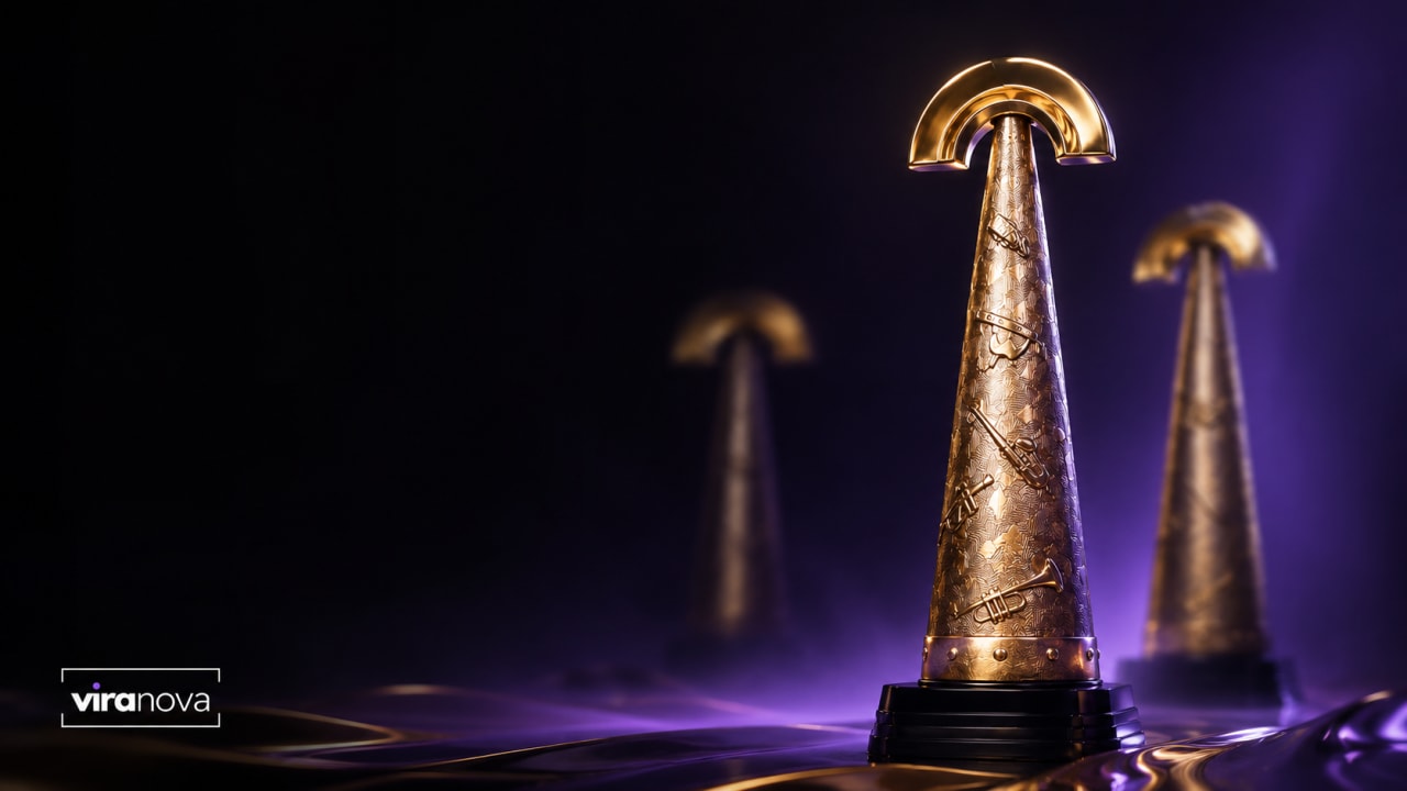 Editorial visual representing the SAMA32 shortlist and South African music decentralisation, featuring a premium awards stage, genre category cards, soundwave ribbons, North West hosting cues and Viranova purple-and-gold glass styling.