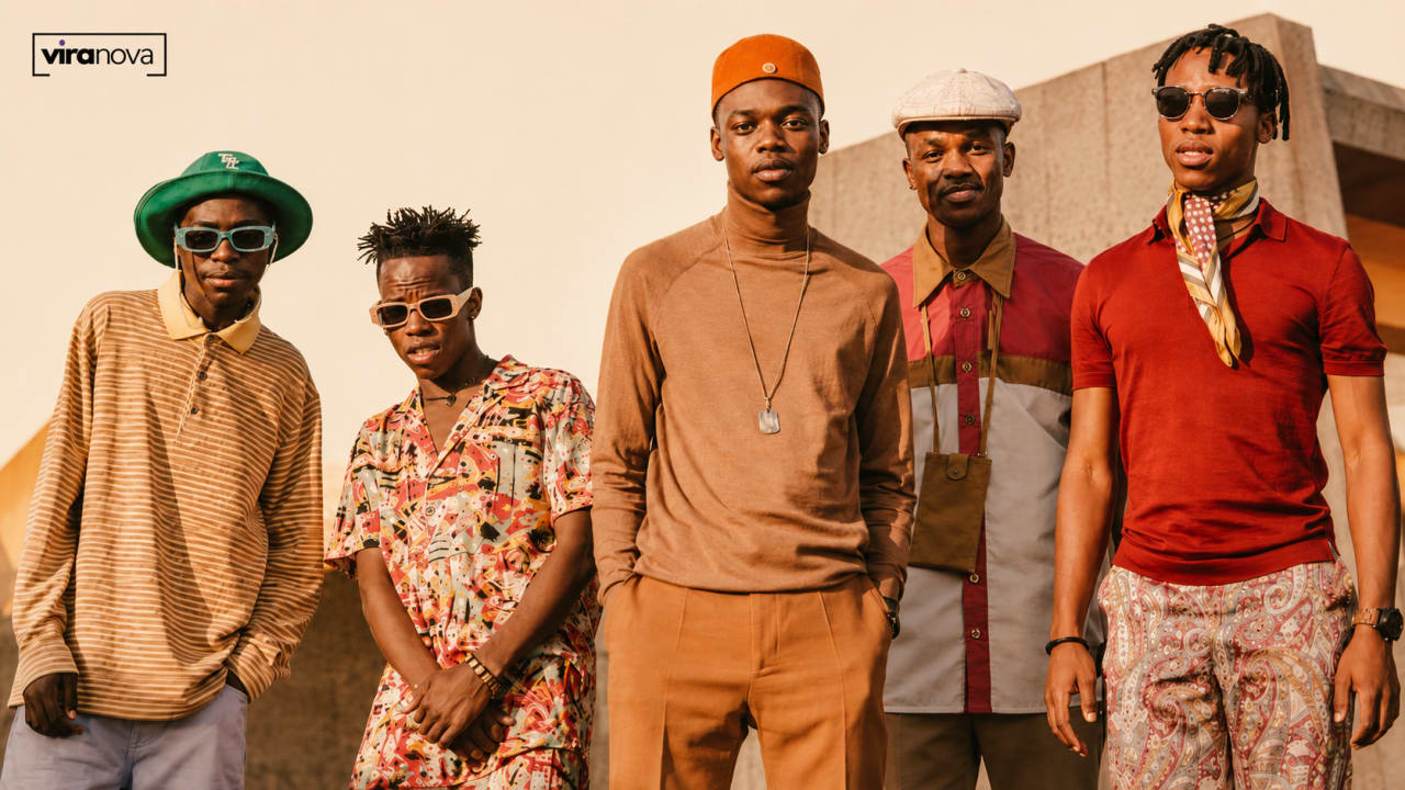 Editorial visual representing The Joy’s “Precious” as South African vocal harmony entering global pop space, with five vocalist silhouettes, warm stage lighting, studio textures, festival-scale atmosphere and premium Viranova purple-and-gold glass styling.