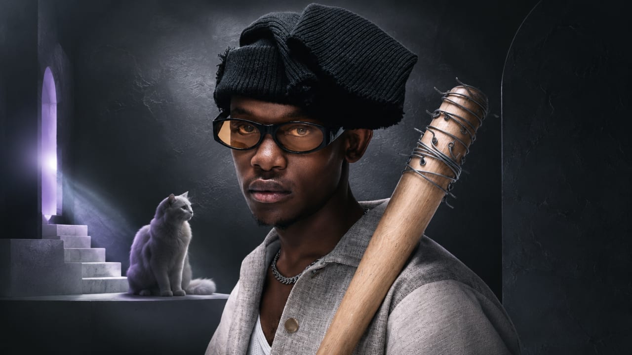 Editorial visual representing CowBoii’s iKati Elimhlophe as a transition from viral Amapiano momentum into an album-era career, featuring Daveyton street energy, Amapiano waveforms, a white-cat symbolic motif, homecoming light and premium Viranova purple-and-gold glass styling.