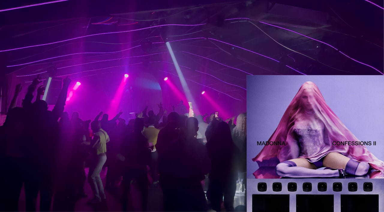 Editorial visual representing Warner Music Africa’s Madonna Confessions II release party in Johannesburg, featuring disco-ball lighting, dance-floor movement, fan merchandise, fashion silhouettes, pop-icon energy and premium Viranova purple-glass styling.