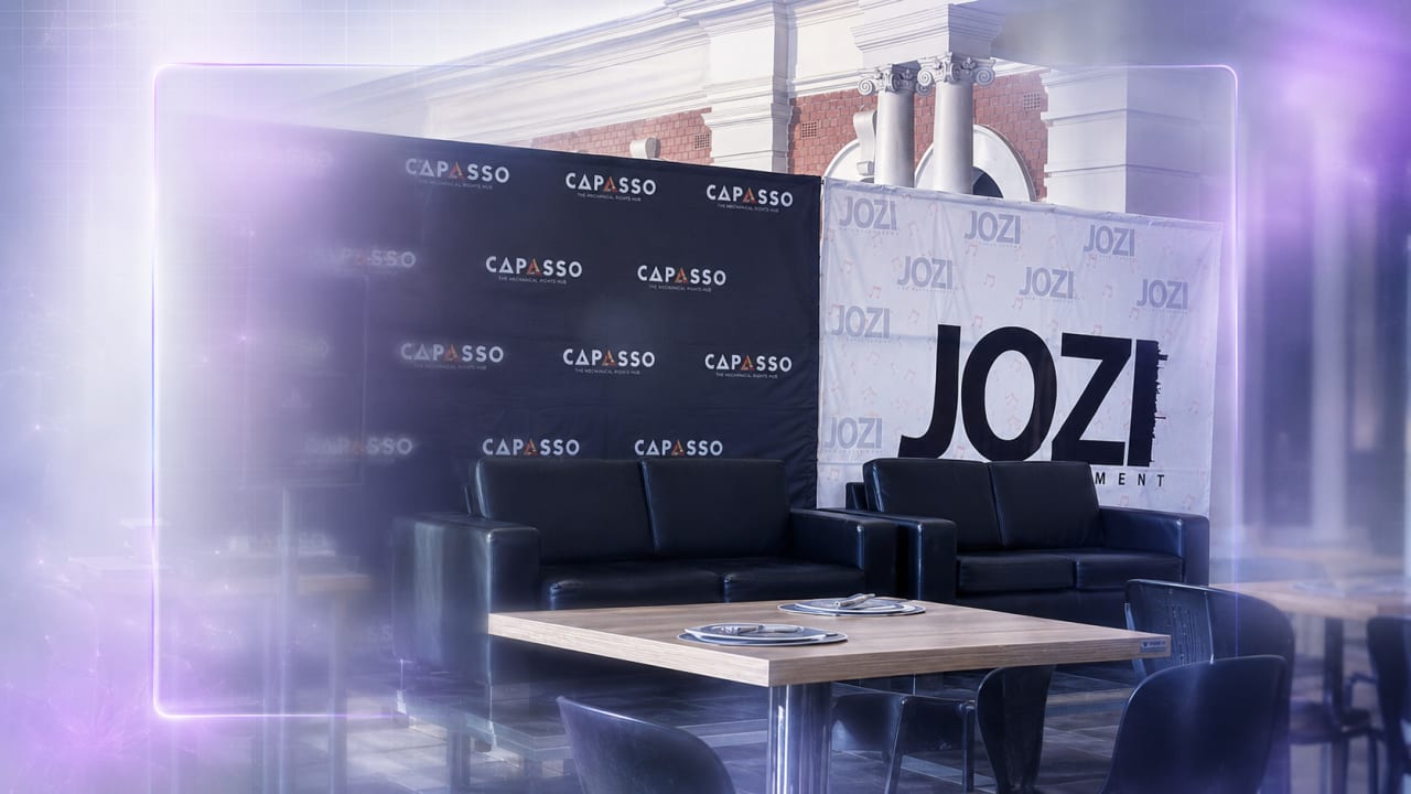Editorial visual representing The Ekurhuleni Music Workshop 2026 as a practical creator-education space, with young musicians, panel microphones, rights-management symbols, notebooks, stage lighting and premium Viranova purple-and-gold glass styling.