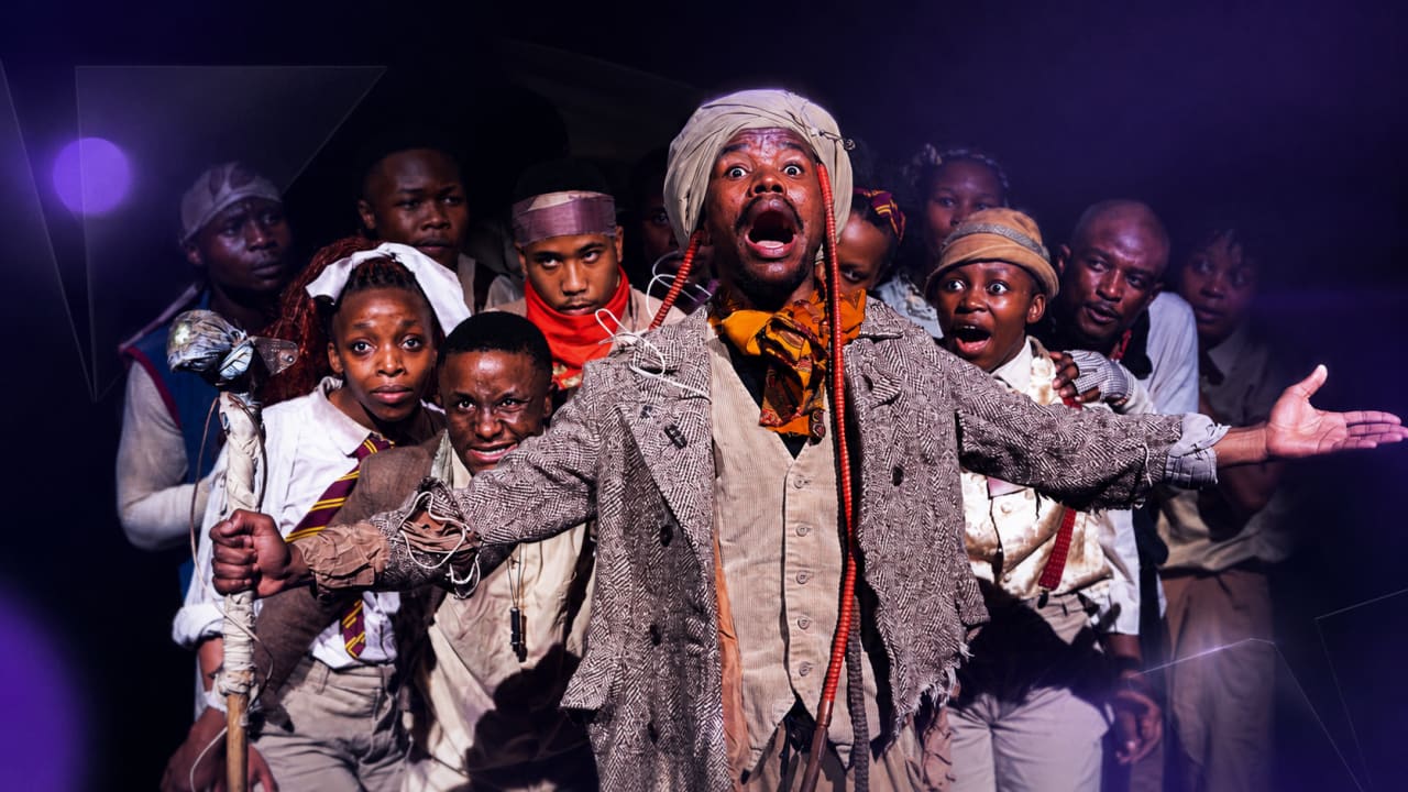 Editorial visual representing the 2026 National Arts Festival in Makhanda as a split screen between vibrant performance venues and the town’s infrastructure pressures, with theatre lights, festival posters, water-service cues, dim streets and premium Viranova purple-and-gold glass styling.