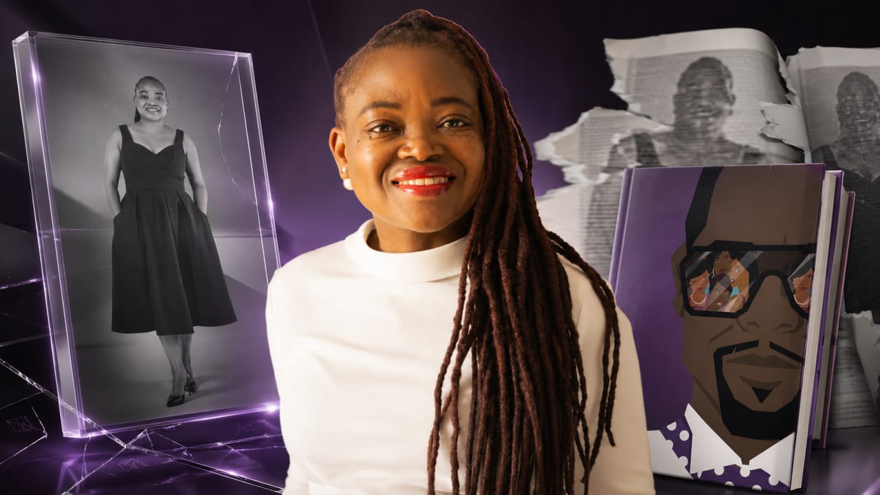 Editorial visual representing The Polygamist’s book-to-Netflix success and piracy concerns, featuring a novel transforming into a streaming screen, counterfeit-copy textures, copyright symbols, Nairobi bookstall cues and premium Viranova purple-and-gold glass styling.