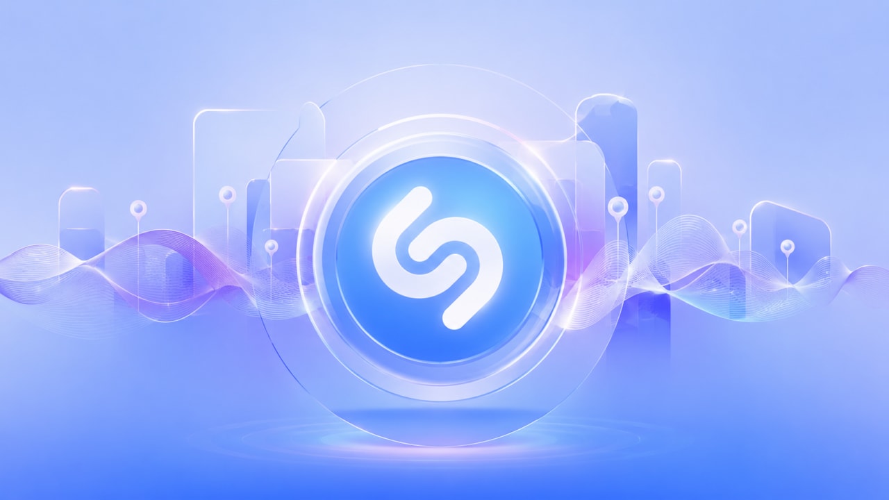 Editorial visual representing Shazam discovery in South Africa, featuring phone scan pulses moving through taxis, taverns, stores, nightlife rooms and city-level music charts, with premium Viranova purple-glass styling.