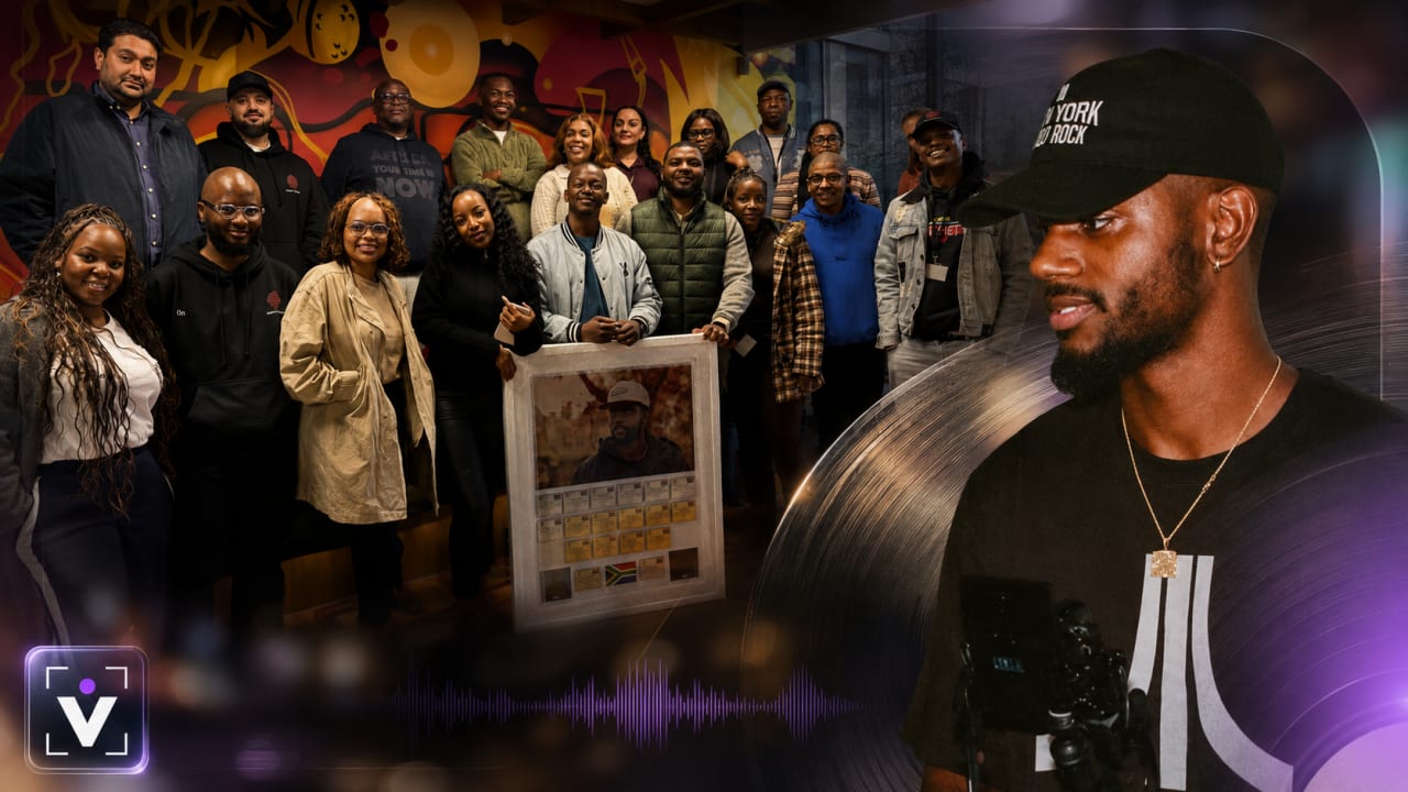 Editorial visual representing Bryson Tiller’s South African RiSA certification moment, featuring platinum and gold plaque textures, late-night R&B lighting, Durban July weekend atmosphere, streaming-wave graphics, car-ride memory cues, deep purple shadows, gold highlights and premium Viranova glass styling.