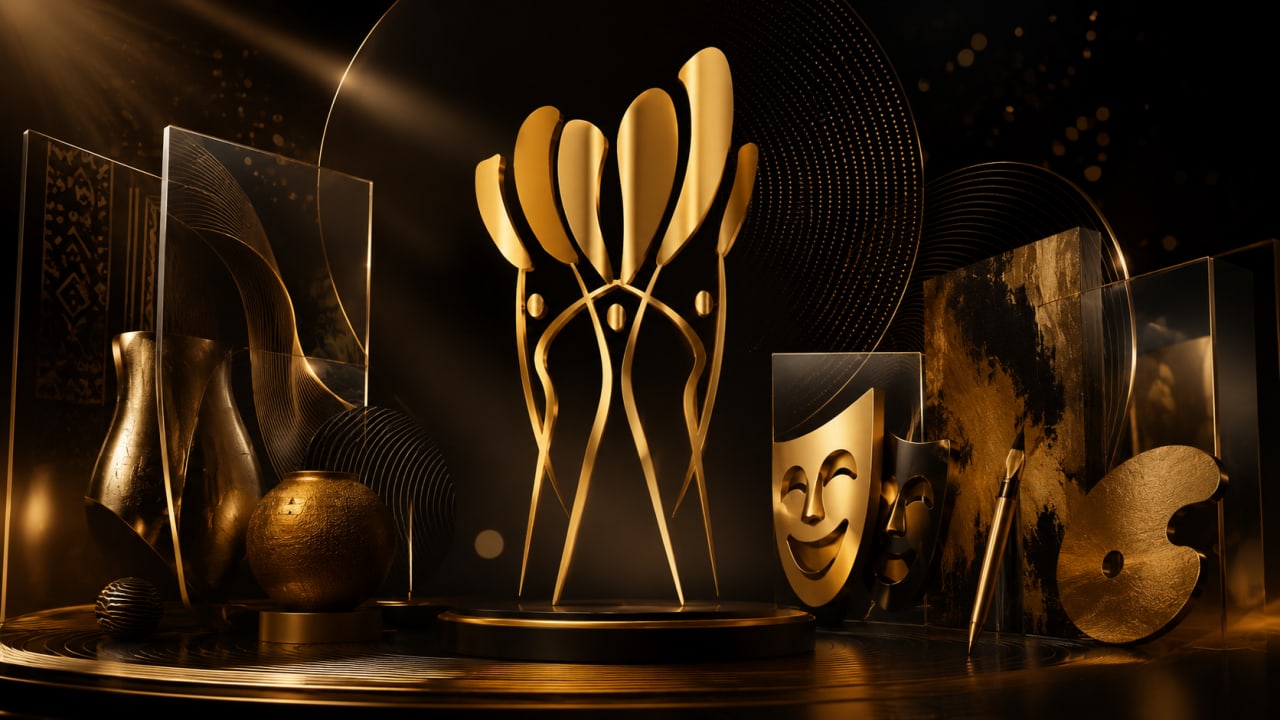 Editorial visual representing the National Arts and Culture Awards 2026, featuring a premium South African awards stage, museum textures, theatre lighting, books, film frames, fashion sketches, design tools, heritage symbols, deep purple shadows, gold highlights and refined Viranova glass styling.