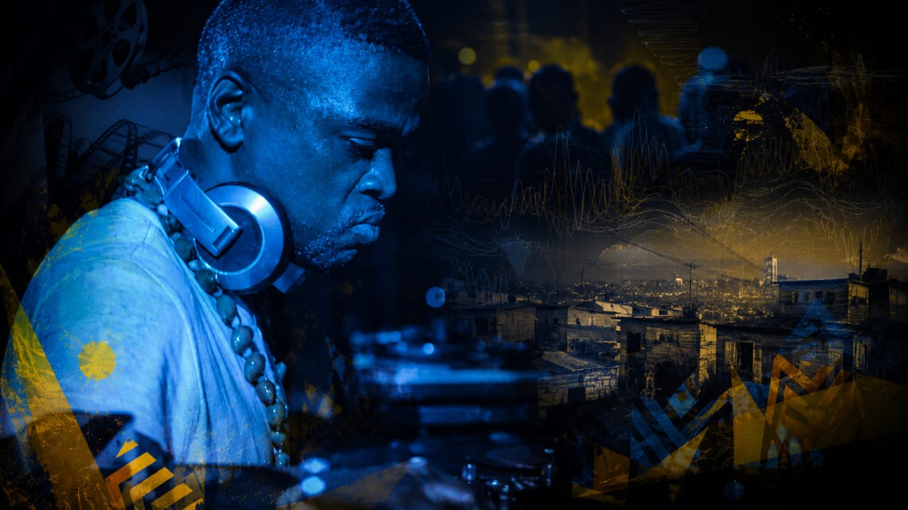 Editorial visual representing the documentary FOSTA at the Durban International Film Festival, featuring Langa township studios, electronic music equipment, cinema projection light, DIFF festival atmosphere, Bridges Academy-inspired creative spaces, deep purple shadows, warm gold highlights and premium Viranova glass styling.