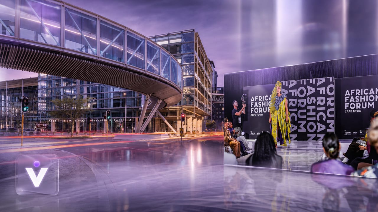 Editorial visual representing FAME Week Africa 2026 as a creative industry deal room, featuring CTICC 2 in Cape Town, film market meetings, pitch tables, production documents, fashion sketches, music industry panels, digital content screens, deep purple shadows, gold highlights and premium Viranova glass styling.