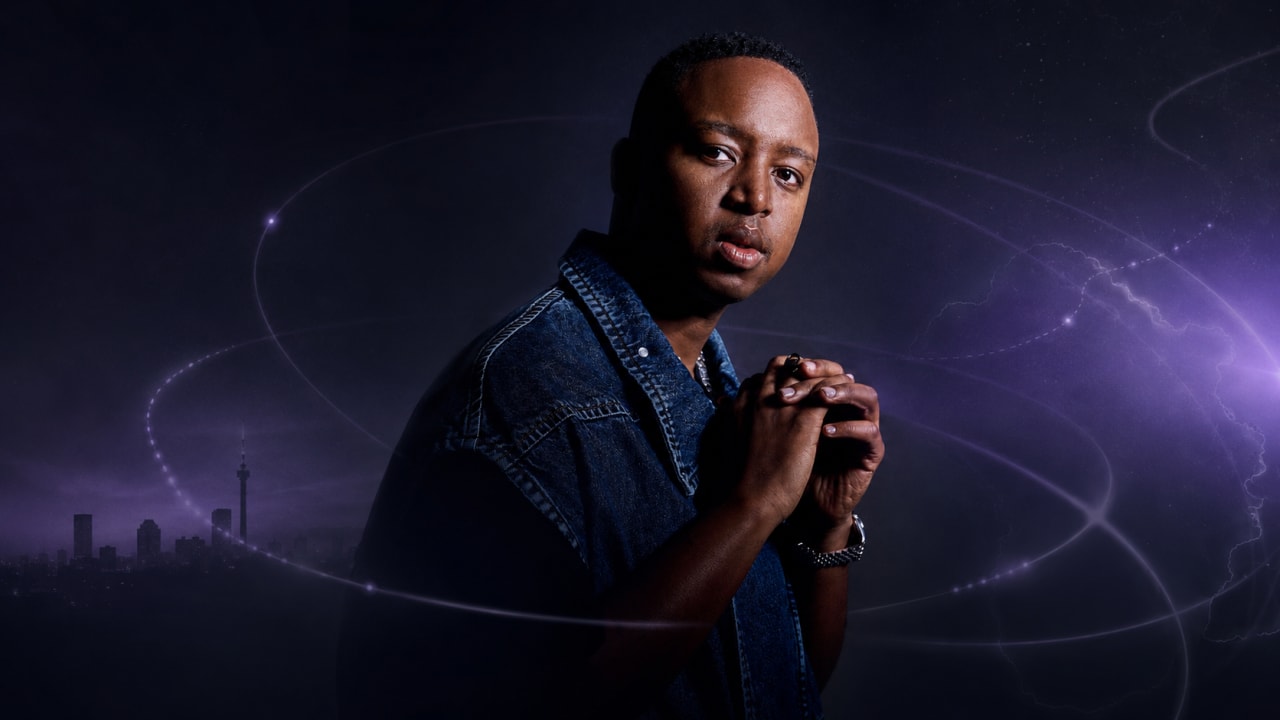 Editorial visual representing Shimza’s Kunye brand and the Afro-house route back home, featuring a high-production Johannesburg electronic music stage, Afro-house crowd energy, deep percussion textures, global club lights, South African heritage cues, purple night atmosphere, warm gold highlights and premium Viranova glass styling.