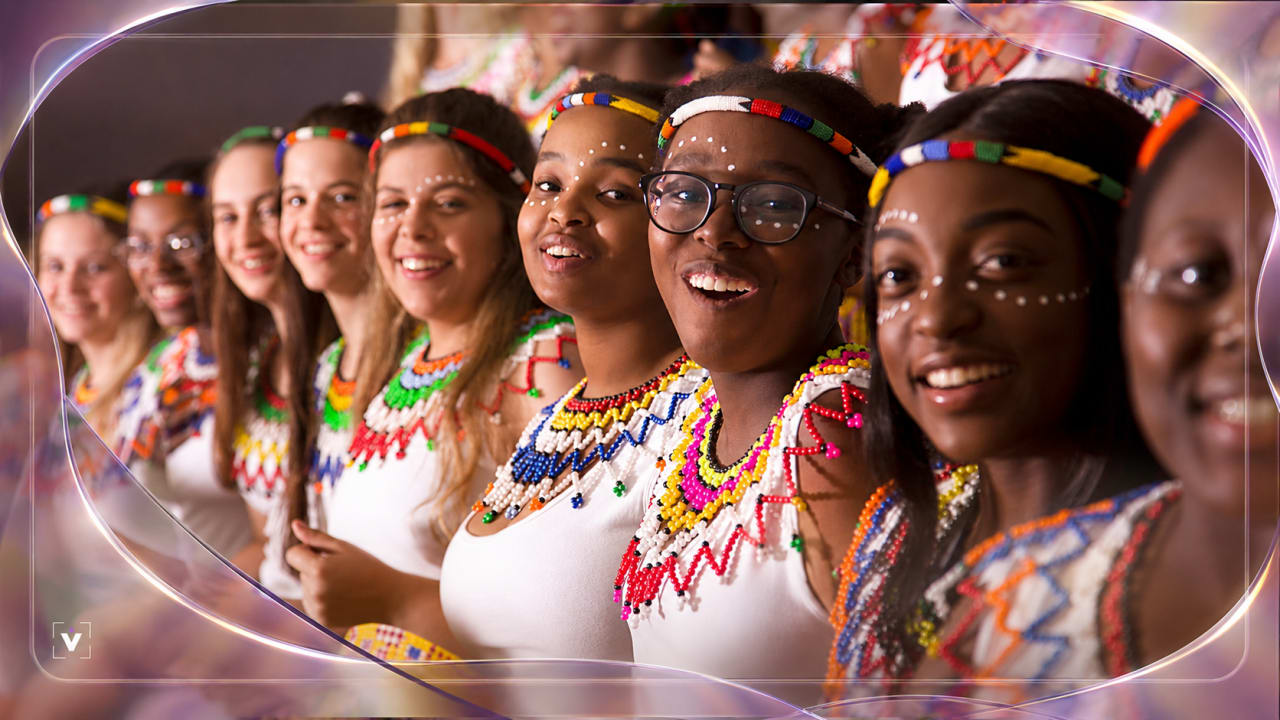 Editorial visual representing the St Mary’s DSG Kloof Tour Choir performing South African choral repertoire in European public spaces, featuring school choir movement, plaza performance energy, Nice, Monaco and Barcelona travel textures, youthful harmony, cultural exchange, deep purple shadows, warm gold highlights and premium Viranova glass styling.