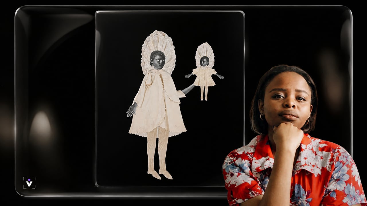 Editorial visual representing Tshepiso Moropa’s collage practice, featuring archival photographs, cut paper fragments, dreamlike suspended figures, Setswana folktale textures, family-memory symbolism, soft gallery lighting, deep purple shadows, warm gold highlights and premium Viranova glass styling.