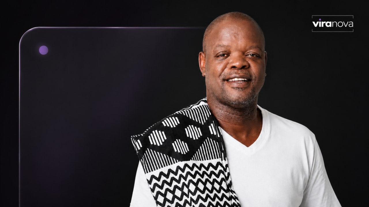 Editorial tribute visual representing Seputla Sebogodi’s legacy in South African theatre, television and film, featuring a dignified stage spotlight, warm television glow, theatre curtains, archival performance textures, deep purple shadows, gold highlights and premium Viranova glass styling.