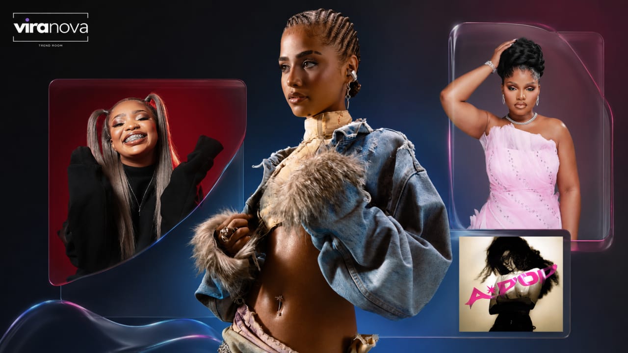 Editorial visual representing Tyla’s A*POP album era with MaWhoo and Babalwa M, featuring a global pop stage, South African dance-music textures, pink album-era light, amapiano and Afro-pop atmosphere, women-led performance energy, deep purple shadows, gold highlights and premium Viranova glass styling.