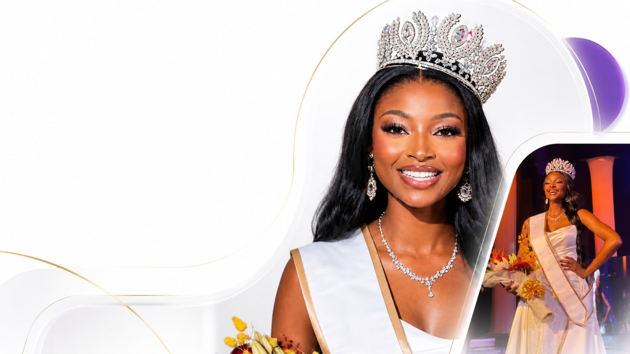 Editorial visual representing Bajabulise Thela’s Miss Universe South Africa 2026 crown, featuring a poised South African beauty queen, Menlyn pageant-stage lighting, Mpumalanga identity, elegant sash and crown details, aviation-inspired discipline, community-care symbolism, warm gold highlights, deep purple shadows and premium Viranova glass styling.