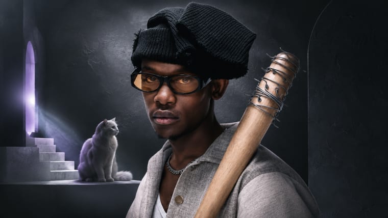 Editorial visual representing CowBoii’s iKati Elimhlophe as a transition from viral Amapiano momentum into an album-era career, featuring Daveyton street energy, Amapiano waveforms, a white-cat symbolic motif, homecoming light and premium Viranova purple-and-gold glass styling.