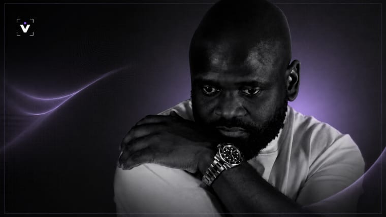 Editorial visual representing Credo V Daniels and South African music’s AI-authenticity debate, featuring a studio microphone, human vocal waveforms, digital processing grids, piano textures and premium Viranova purple-blue glass styling.