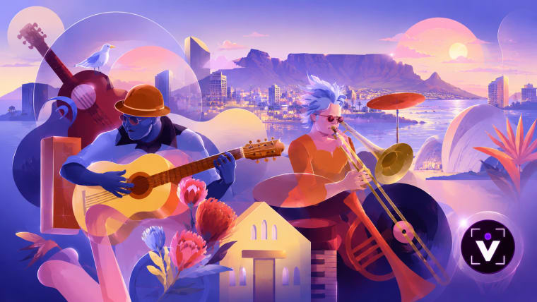 Editorial visual representing the Cape Town International Jazz Festival’s 2027 Month of the Mother City expansion, featuring Cape Town city lights, jazz stages, community venues, public spaces, saxophone and piano textures, Table Mountain silhouettes, deep purple shadows, gold highlights and premium Viranova glass styling.