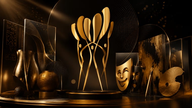 Editorial visual representing the National Arts and Culture Awards 2026, featuring a premium South African awards stage, museum textures, theatre lighting, books, film frames, fashion sketches, design tools, heritage symbols, deep purple shadows, gold highlights and refined Viranova glass styling.