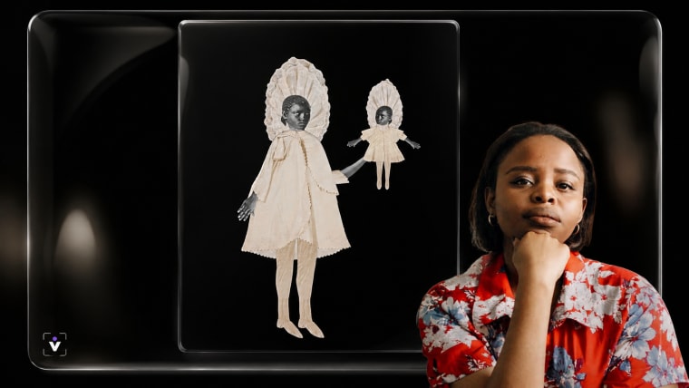 Editorial visual representing Tshepiso Moropa’s collage practice, featuring archival photographs, cut paper fragments, dreamlike suspended figures, Setswana folktale textures, family-memory symbolism, soft gallery lighting, deep purple shadows, warm gold highlights and premium Viranova glass styling.