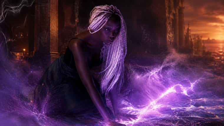 Editorial visual representing Thuso Mbedu as Zélie in Children of Blood and Bone, featuring an African-inspired fantasy kingdom, textured warrior costumes, royal architecture, natural landscapes, magical political conflict, Orïsha-inspired atmosphere, deep shadows, gold highlights and premium Viranova glass styling.