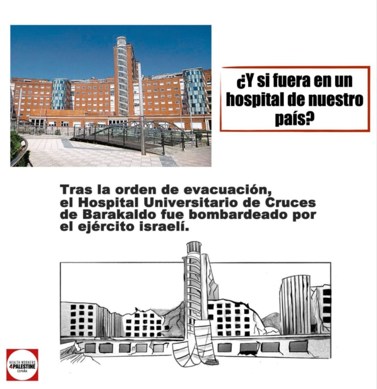 El Hospital de Cruces tras su destrucción por Israel. España versus Gaza. 