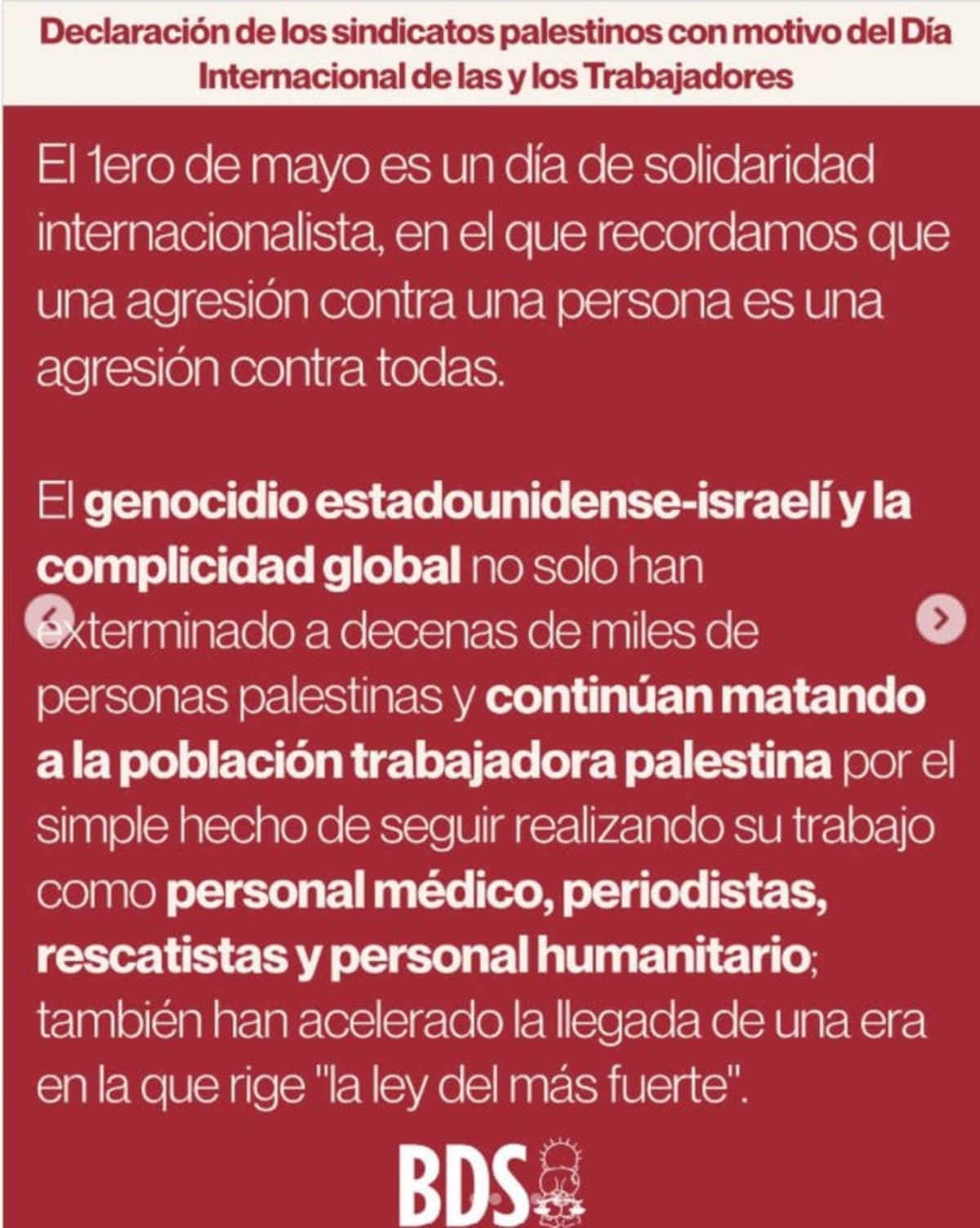 1 de mayo. Declaración de los sindicatos palestinos