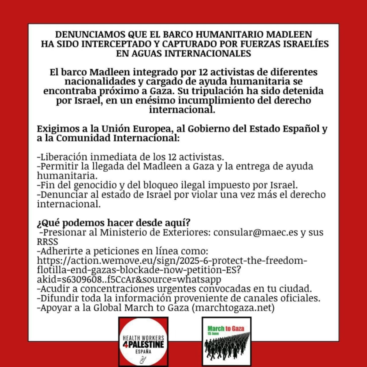 Contra la piratería de Israel, por la liberación del Madleen y sus tripulantes