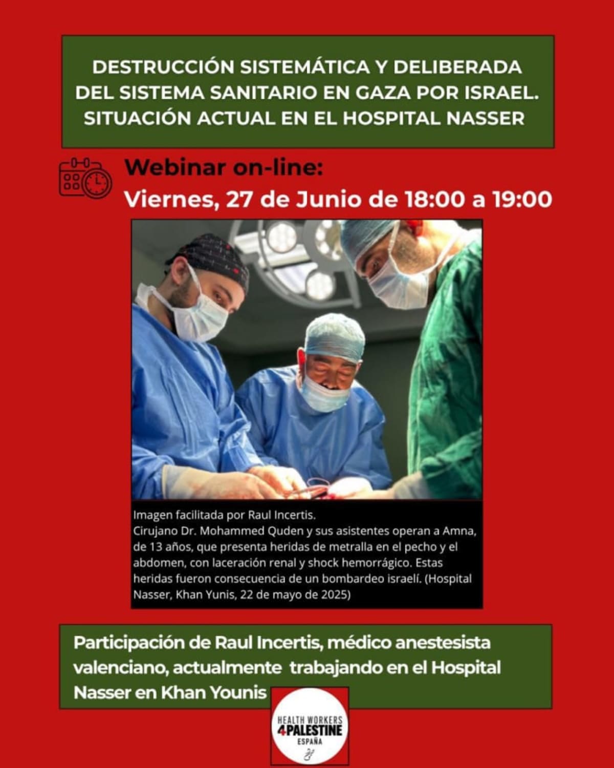 "Dentro del Hospital Nasser, Gaza" Sesión online viernes 27 junio, 18,00-19,00 h