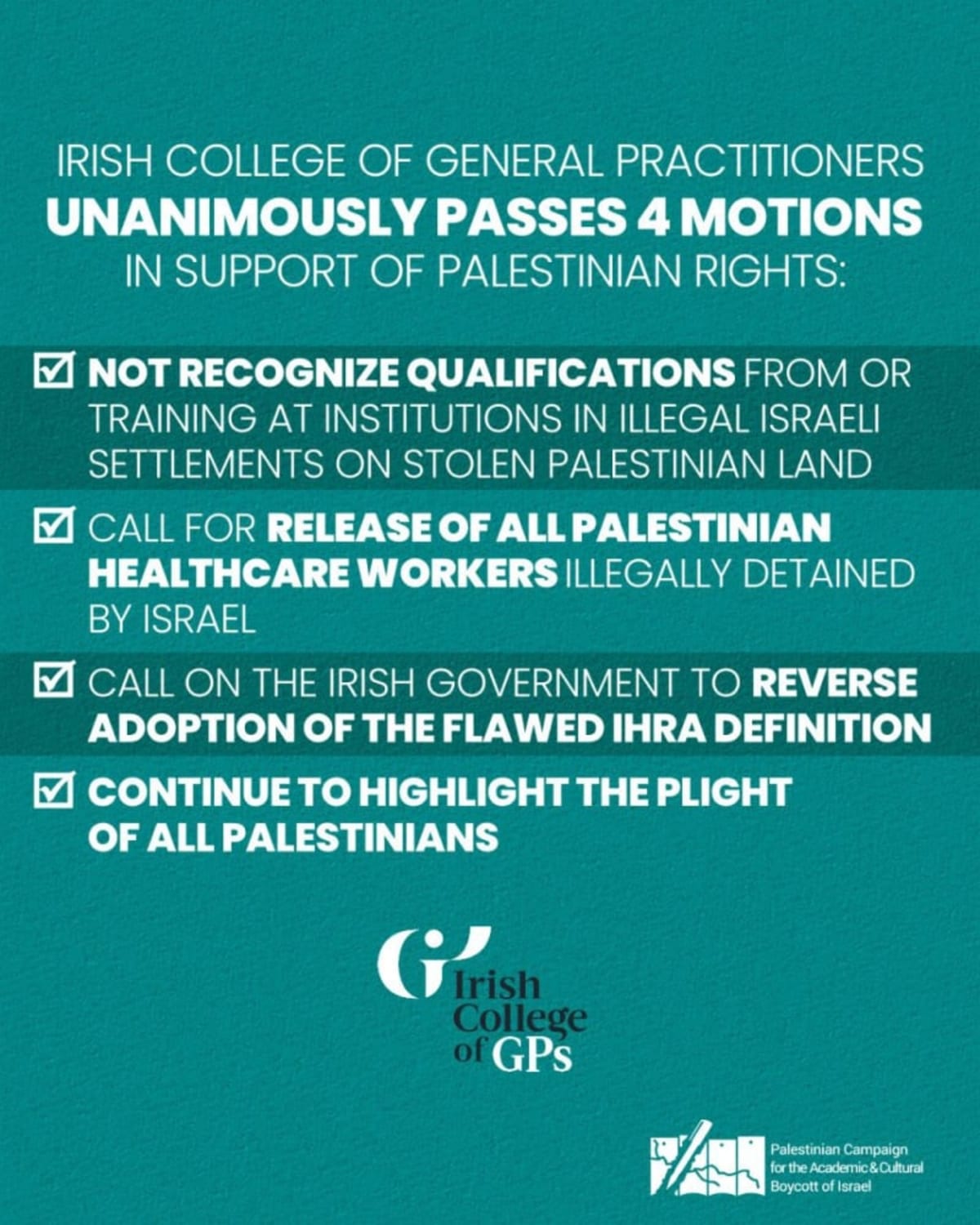 Irish College of General Practitioners supports Palestinian rights