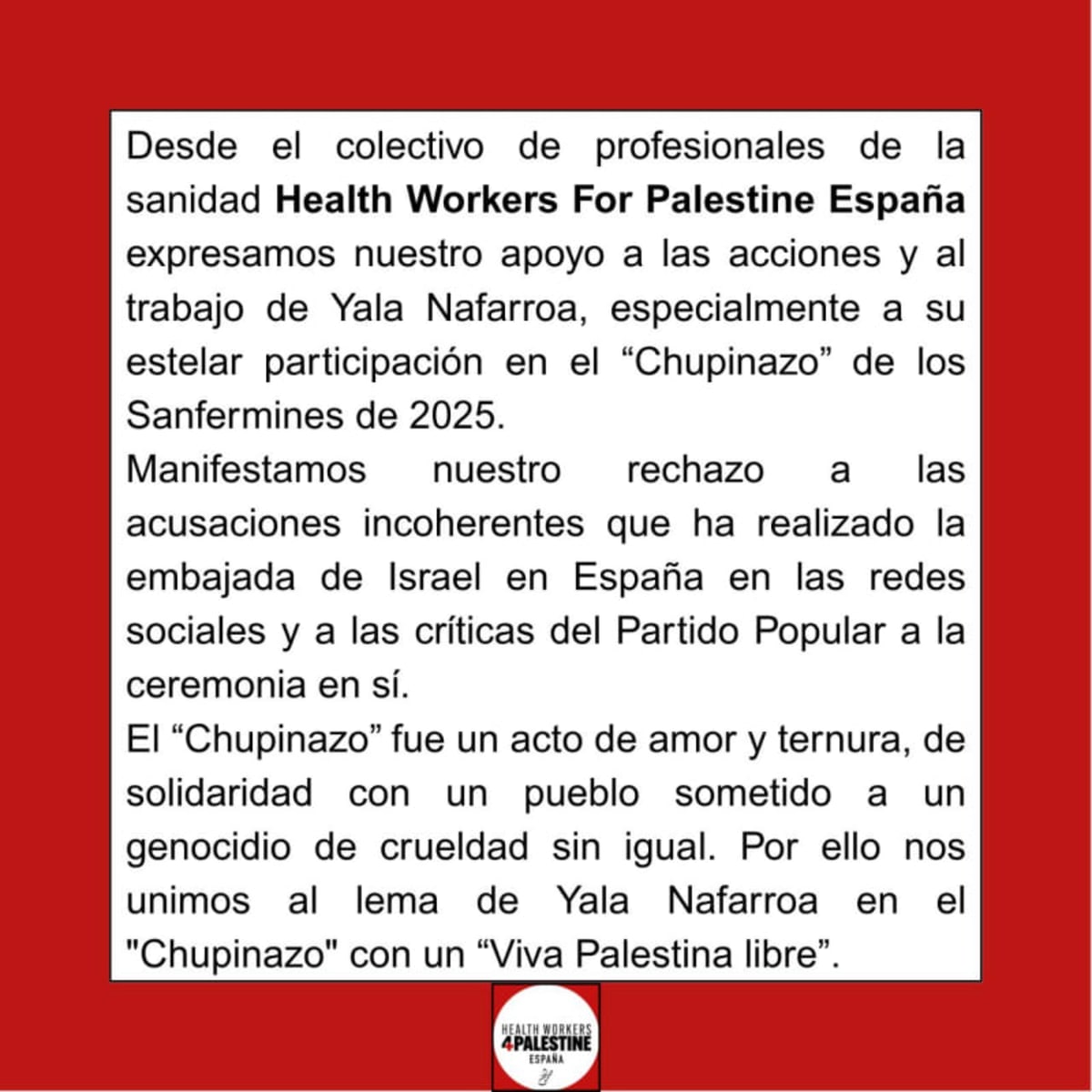 Health Workers For Palestine España apoya a Yala Nafarroa