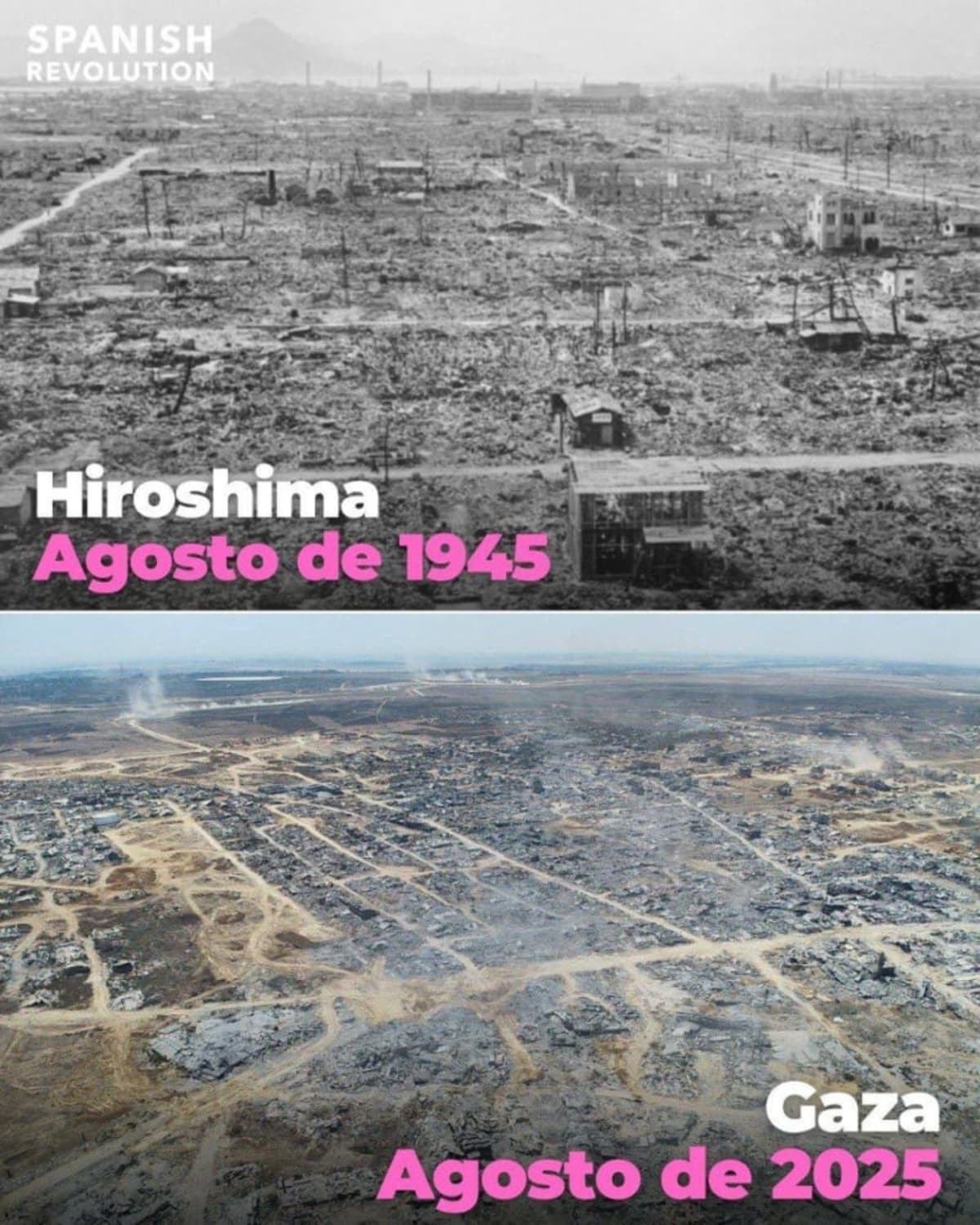 Hiroshima (bomba atómica, como 15.000 toneladas de TNT) Gaza 70.000 toneladas de TNT