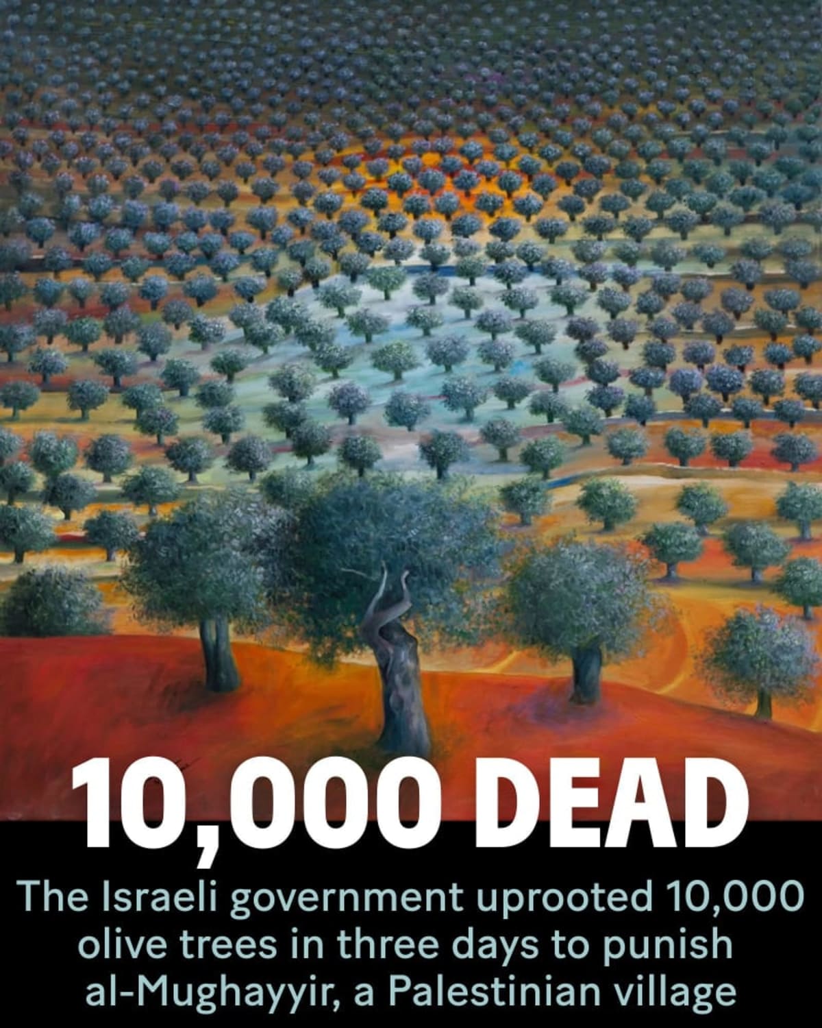 Sliman Mansour, Olive Grove (حقل زيتون), oil on canvas, 2012. Since 1967, the Israeli government has uprooted over 800,000 olive trees