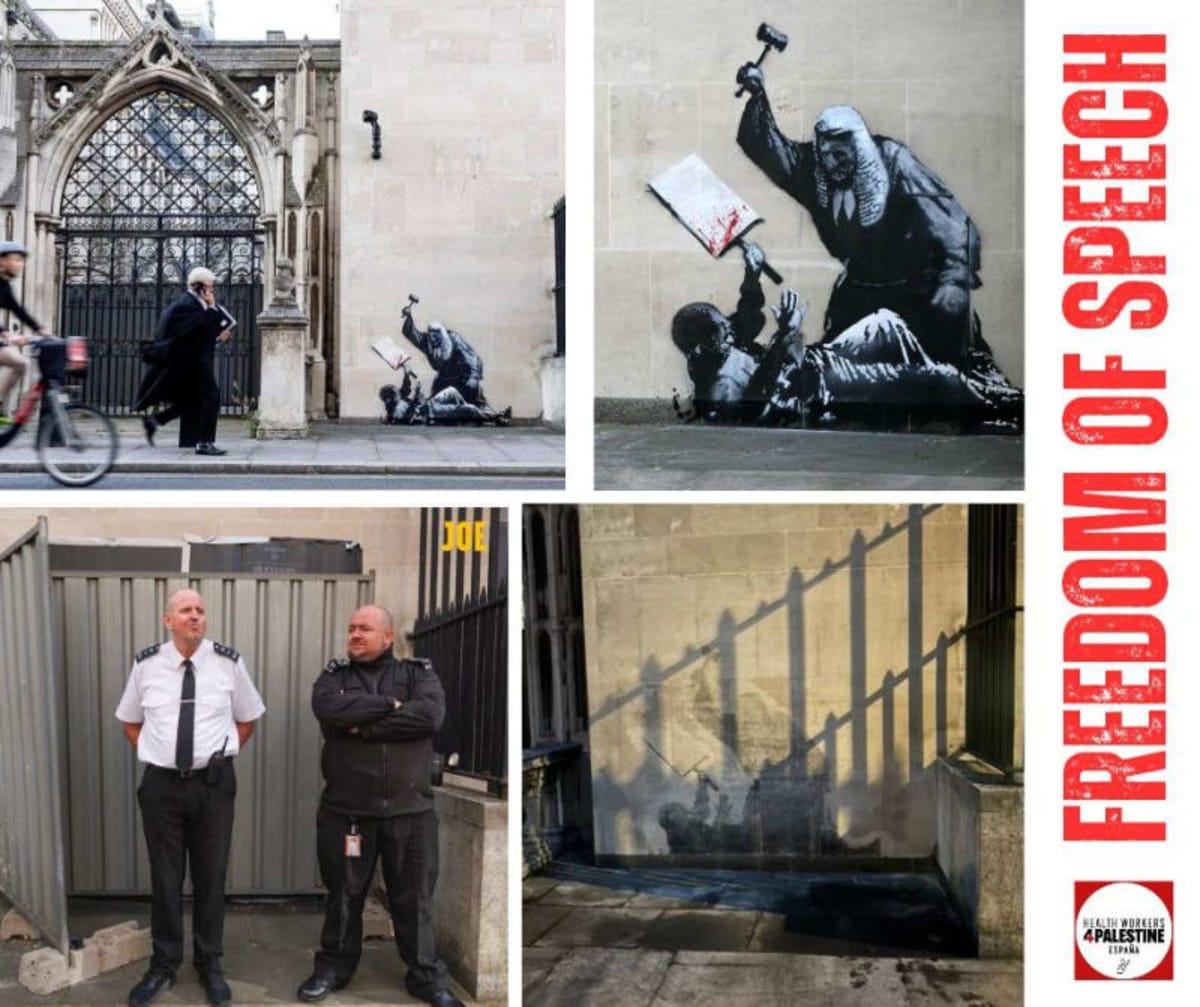 La fina piel de la Justicia británica. Contra los manifestantes propalestinos. Contra la libertad de expresión. Banksy erased. London, UK. The thin skin of British justice. Against pro-Palestinian protesters. Againts freedom of speech. https://