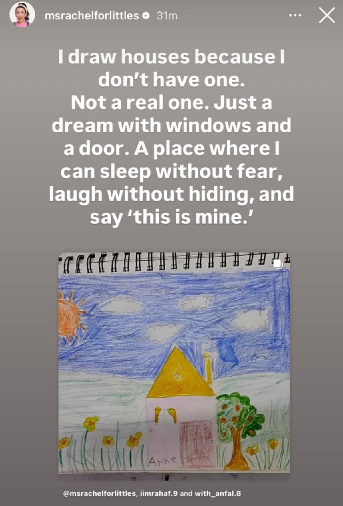"Quiero tener casa", el sueño infantil imposible en Gaza. El dibujo es de una niña palestina, difundido por @msrachelforlittles