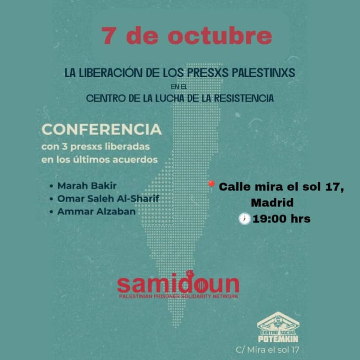 Liberar rehenes de prisiones israelíes. Charla 7 octubre, martes, 19 h. Madrid. C/ Mira el Sol, 17