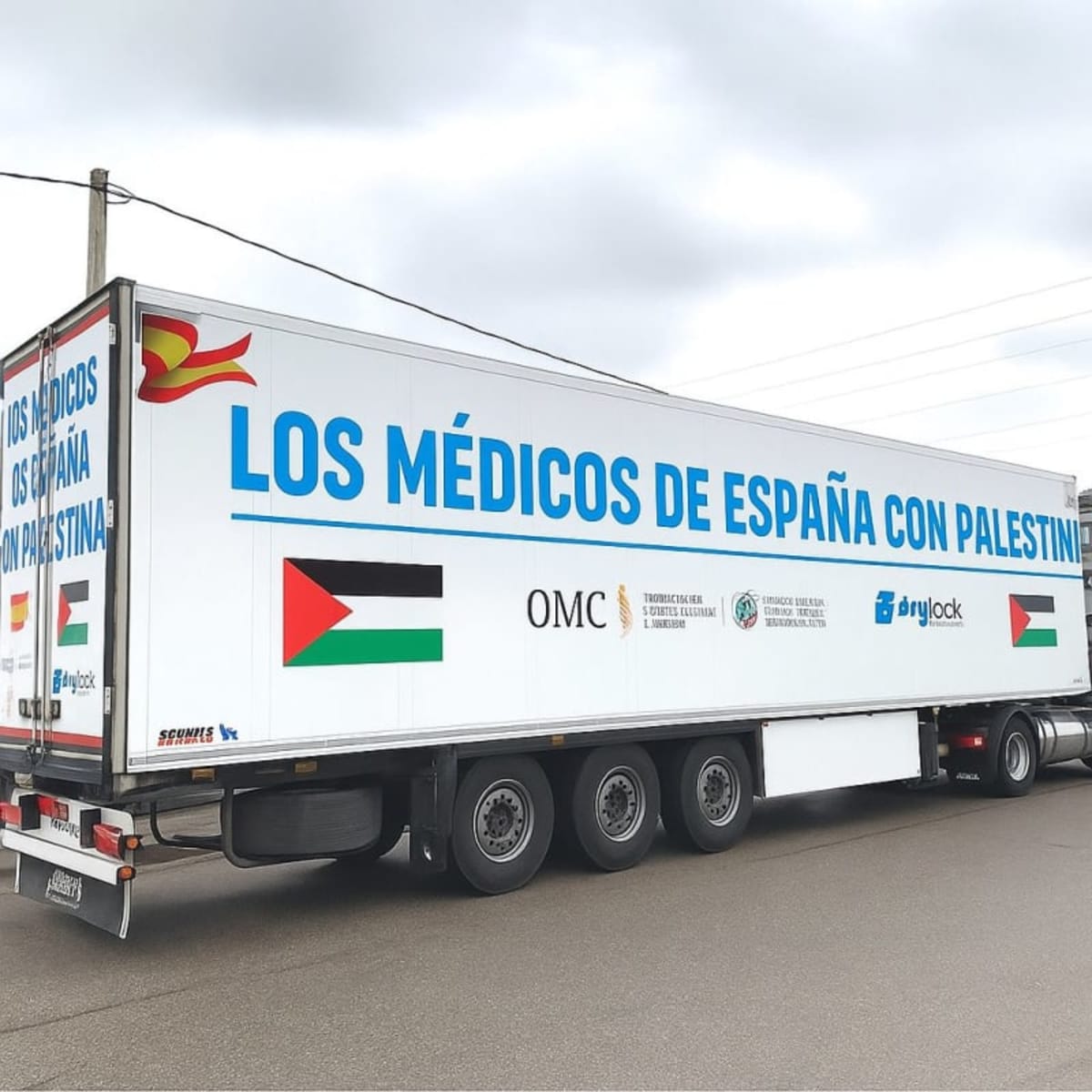 Noticia FALSA, 2025: Un camión fletado por la Organización Médica Colegial de España lleva solidaridad material a Palestina.