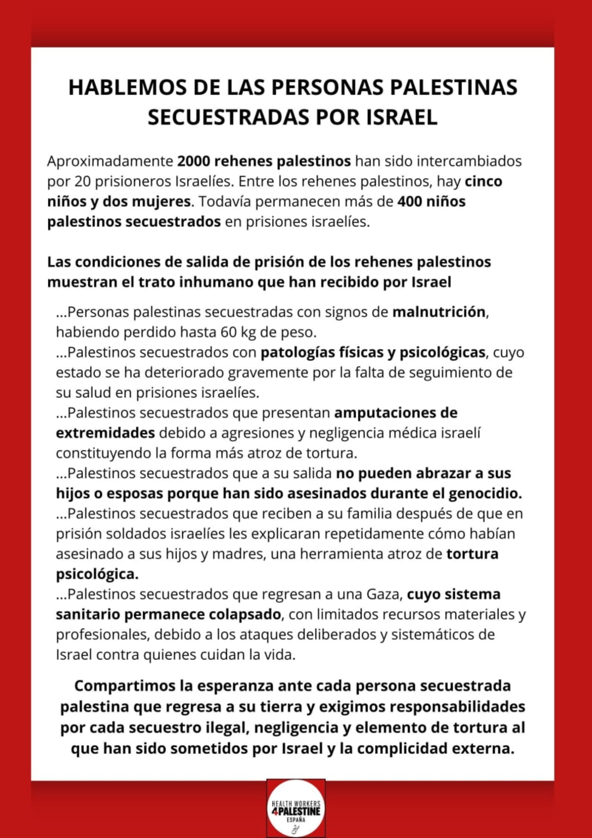La estado de salud a la salida de las prisiones israelíes