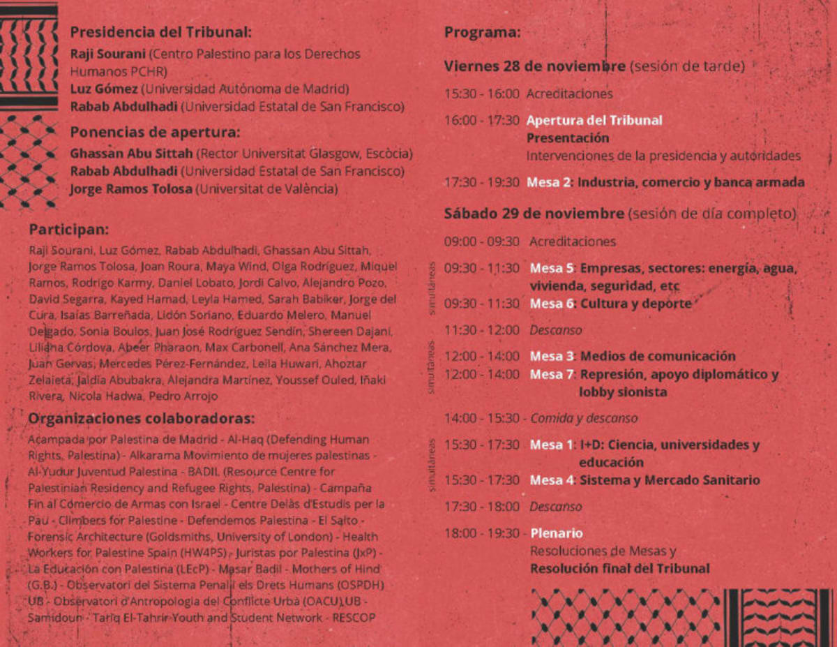 Programa Tribunal de los Pueblos sobre la Complicidad con el Genocidio Palestino en el Estado Español (TPCGP-25)