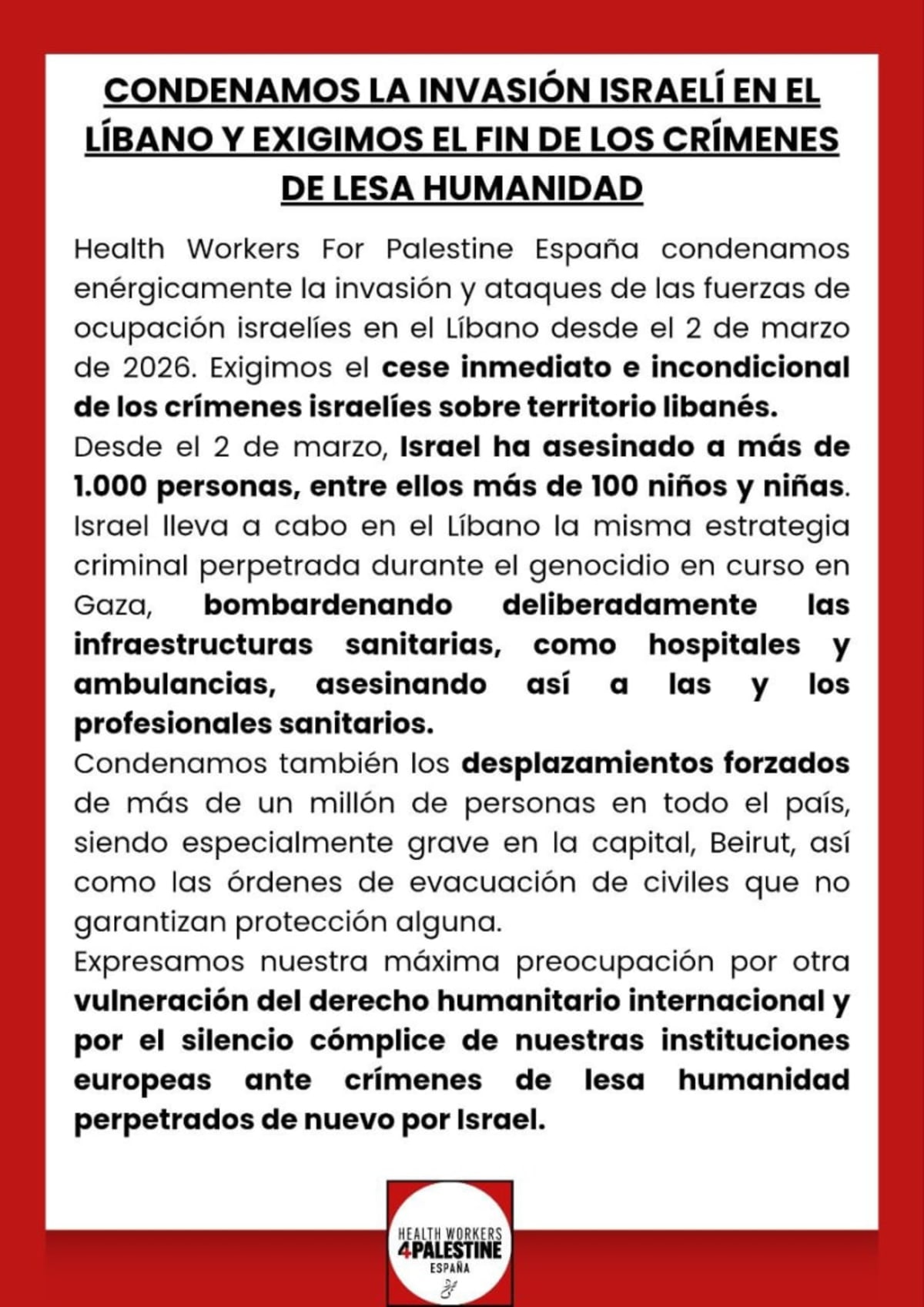 Declaración HW4PS de condena a Israel por su actividad en Líbano