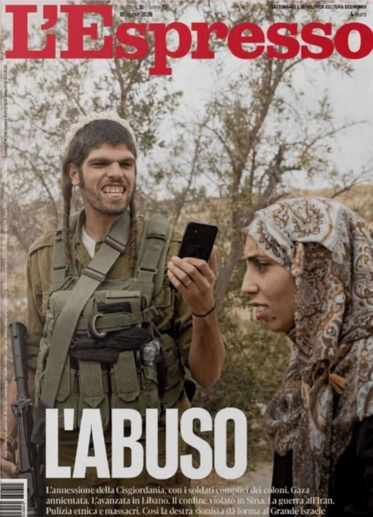 Brutalidad colonial. Fotografía de Piero Masturzo. "La anexión de Cisjordania, con soldados cómplices de los colonos. Gaza aniquilada. El avance en el Líbano. La violación de la frontera en Siria. La guerra contra Irán. Limpieza étnica y masacres. Así es como la derecha sionista da forma al Gran Israel"