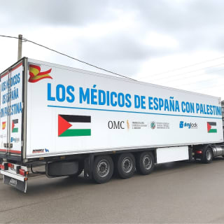 Noticia FALSA, 2025: Un camión fletado por la Organización Médica Colegial de España lleva solidaridad material a Palestina.