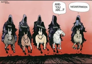 The "five" horsemen of the apocalypse. Los "cinco" jinetes del Apocalipsis (guerra, hambre, peste, muerte y "bulos"). By @BillBramhall