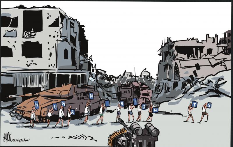 Dibujo. Israel’s Crimes Against Humanity in Gaza. Por Naser Jafari ENG/ARA/ESP