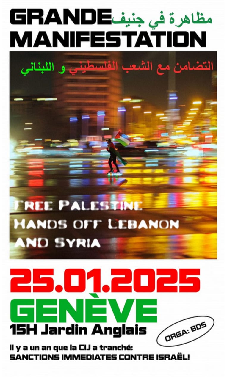 Genève. Suisse. 25/Enero/2025. Grande manifestation «Solidarité internationale avec la Palestine» FRA