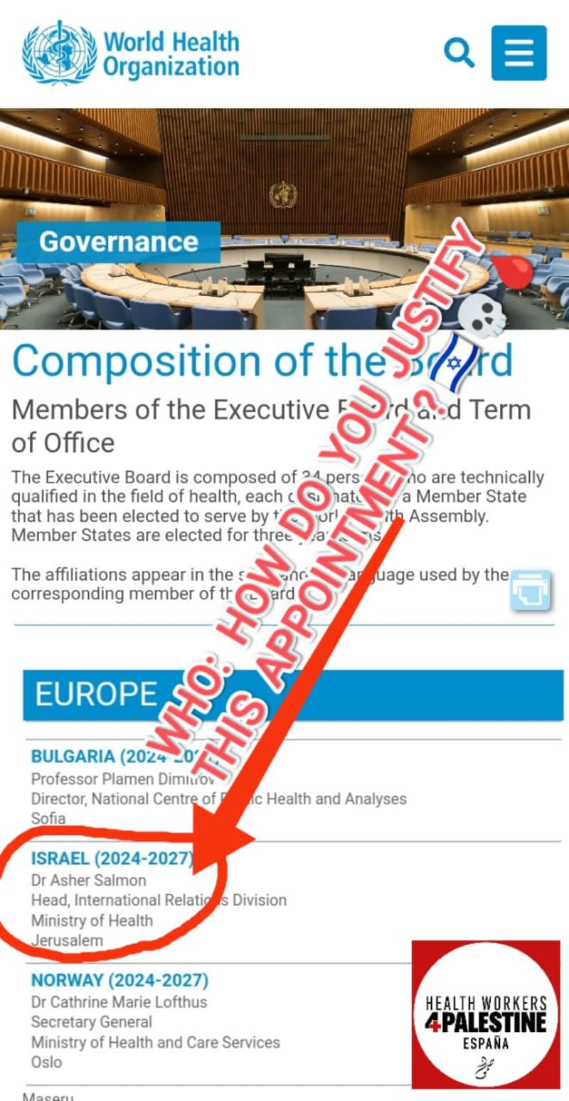Israel, out of the WHO Executive Board! Israel, ¡fuera del Consejo Ejecutivo de la OMS! ENG/ESP