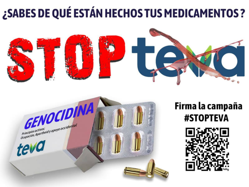 Teva y genocidio en Palestina. No a Teva en Navarra. Teva and the Palestinian genocide. Stop Teva, Navarra, Spain. ESP ENG