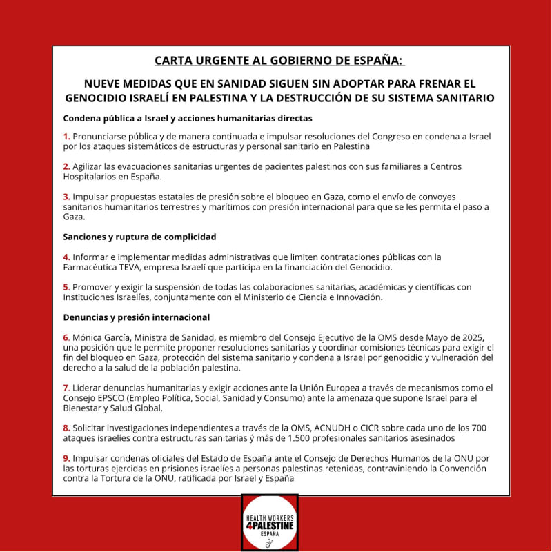 Carta urgente al Gobierno de España. 9 medidas para frenar el genocidio en Gaza